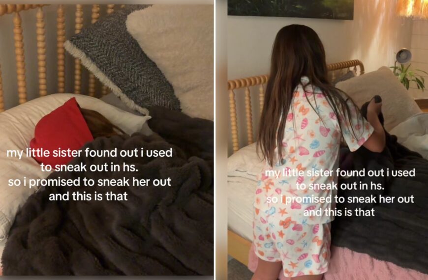 Split image from a TikTok: a bed with a red pillow and fuzzy blanket with the caption 'my little sister found out i used to sneak out in hs. so i promised to sneak her out and this is that', next to a girl in pajamas seen from behind standing by the bed