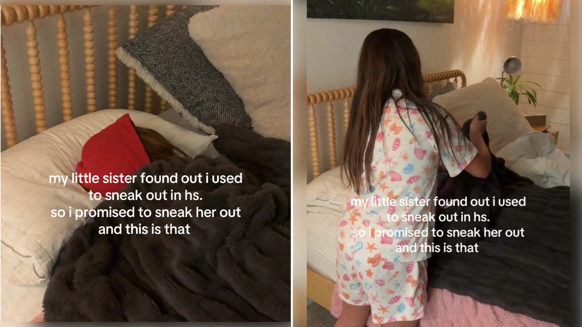 Split image from a TikTok: a bed with a red pillow and fuzzy blanket with the caption 'my little sister found out i used to sneak out in hs. so i promised to sneak her out and this is that', next to a girl in pajamas seen from behind standing by the bed