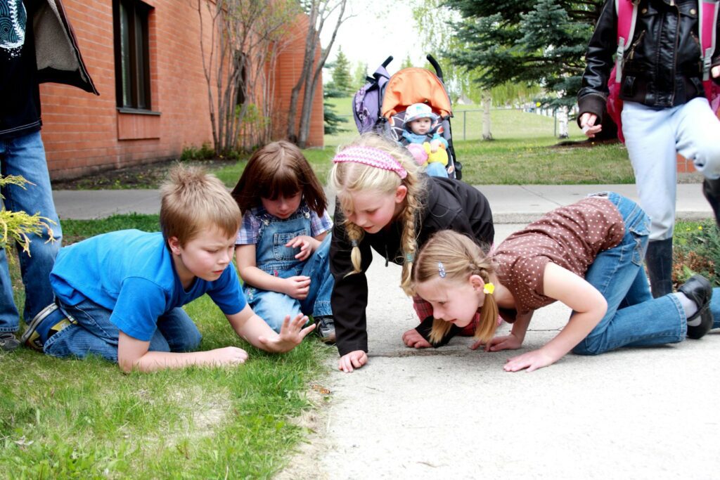 Kids curiously examining something small on the sidewalk grass