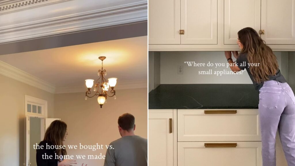 Two frames from the @chrislovesjulia TikTok: left, the couple standing in the empty original dining room under a chandelier; right, Julia at the finished cream kitchen cabinets and dark stone counter