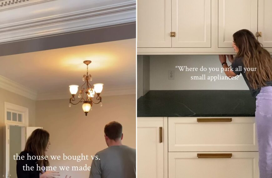 Two frames from the @chrislovesjulia TikTok: left, the couple standing in the empty original dining room under a chandelier; right, Julia at the finished cream kitchen cabinets and dark stone counter