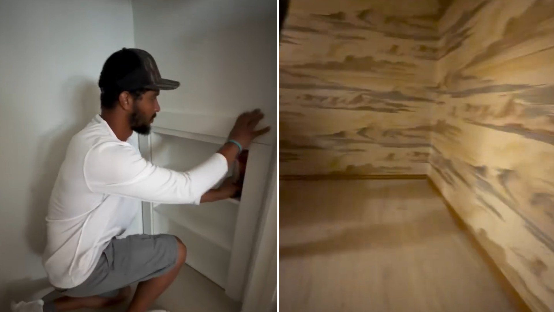 Contractor removing a closet shelving unit, beside the wood-paneled hidden space found behind it