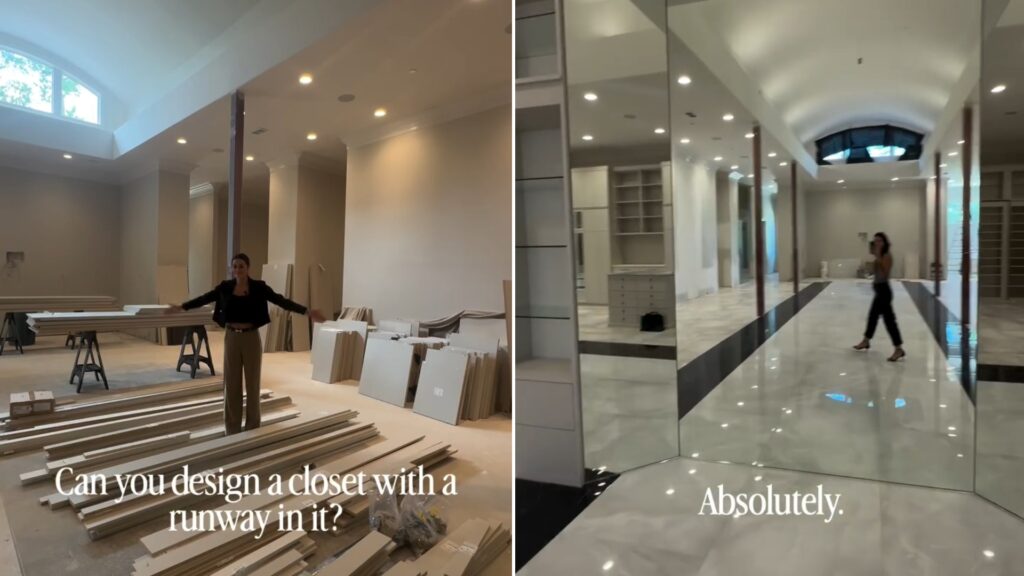 Designer in the bare closet space before construction, beside the finished mirrored closet with a marble runway