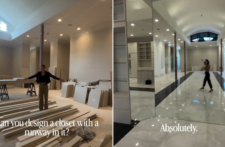 Designer in the bare closet space before construction, beside the finished mirrored closet with a marble runway
