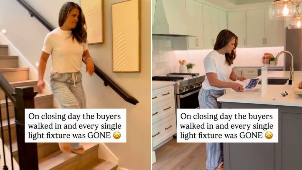 Real estate agent walking down a staircase and standing in a kitchen, with the caption about buyers finding every light fixture gone