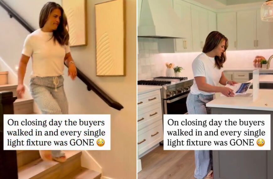 Real estate agent walking down a staircase and standing in a kitchen, with the caption about buyers finding every light fixture gone