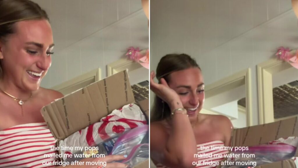 Split image from a TikTok: a smiling college student in a striped dress opens a cardboard box of bagged water with the caption 'the time my pops mailed me water from our fridge after moving', next to her wiping a tear while holding the box
