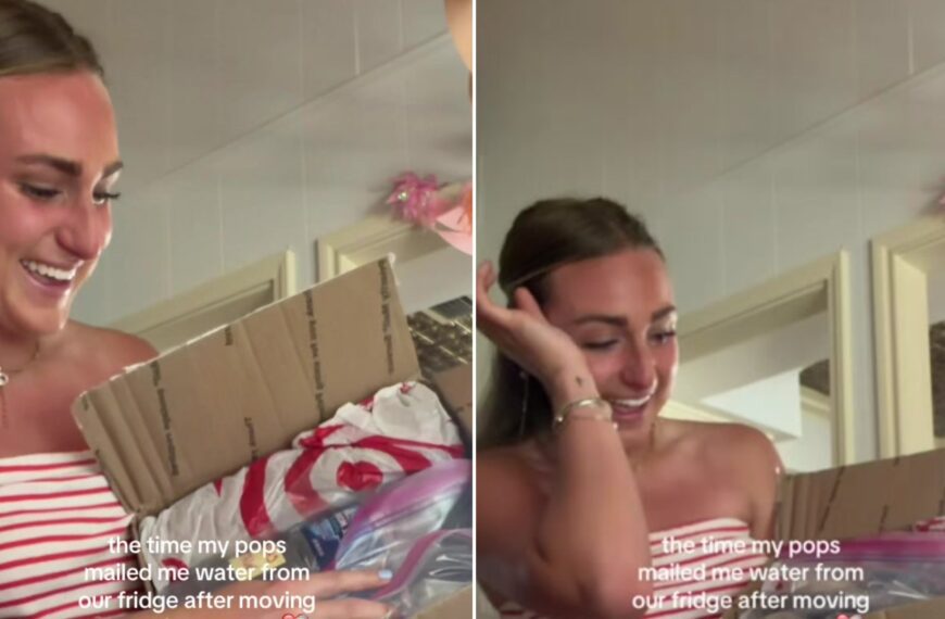 Split image from a TikTok: a smiling college student in a striped dress opens a cardboard box of bagged water with the caption 'the time my pops mailed me water from our fridge after moving', next to her wiping a tear while holding the box