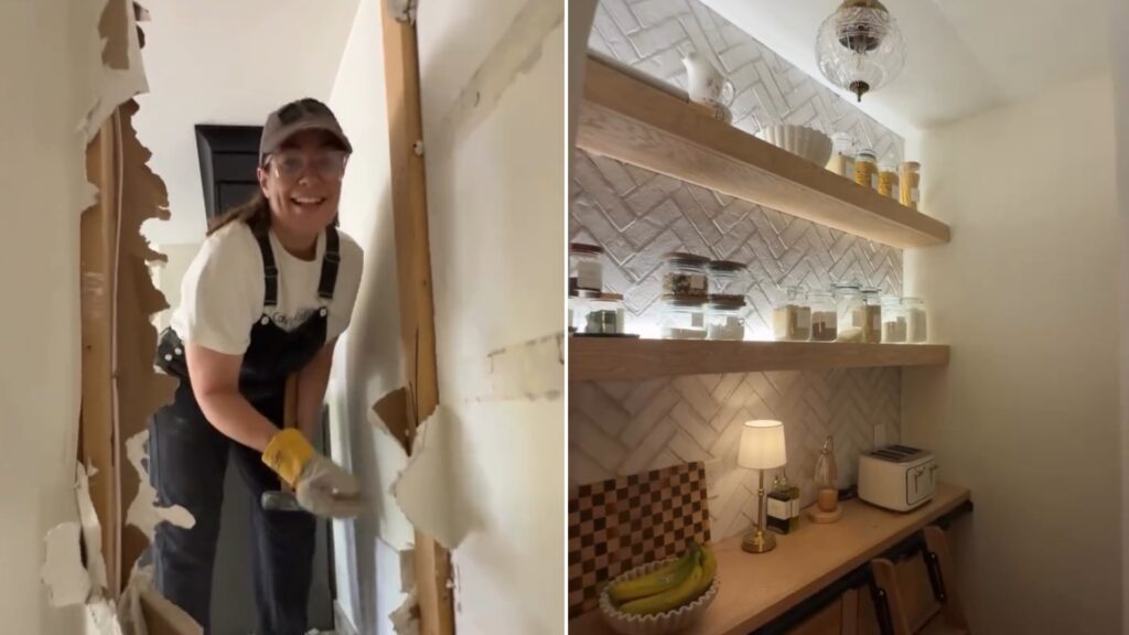 Homeowner tearing out her corner pantry wall, beside the finished pantry with floating shelves and herringbone tile