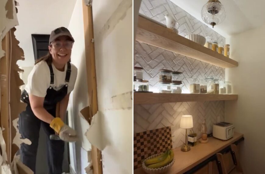 Homeowner tearing out her corner pantry wall, beside the finished pantry with floating shelves and herringbone tile
