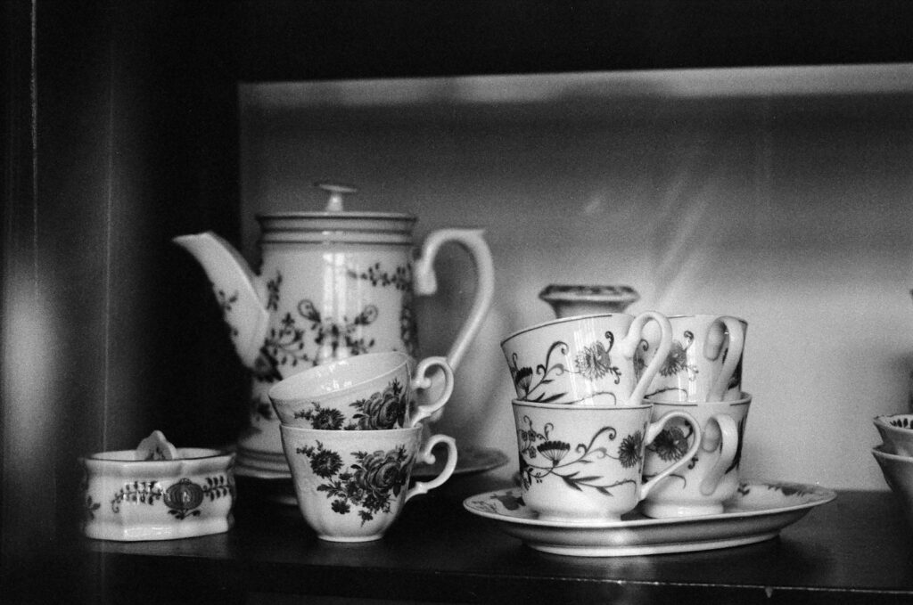 A floral teapot and stacked teacups on a shelf in black and white