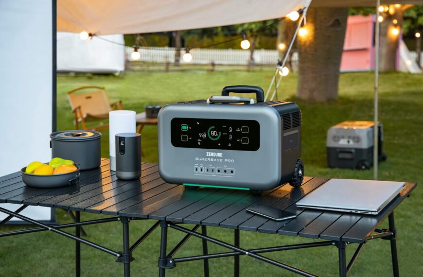 a table with a cooler and a laptop on it