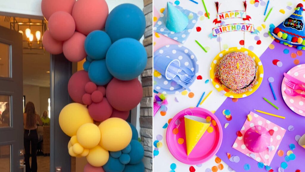 Split image: a red, blue and yellow balloon garland frames a front doorway for a surprise party, next to an overhead view of birthday party hats, plates, confetti and a sprinkle cake
