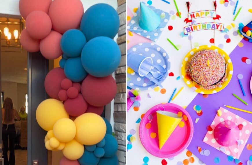 Split image: a red, blue and yellow balloon garland frames a front doorway for a surprise party, next to an overhead view of birthday party hats, plates, confetti and a sprinkle cake