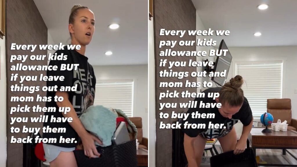 A mom holding an armful of her kids' belongings, next to her loading them into a bin, from her own Instagram reel explaining the 25-cent buy-back rule
