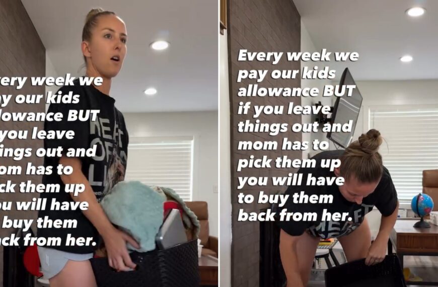 A mom holding an armful of her kids' belongings, next to her loading them into a bin, from her own Instagram reel explaining the 25-cent buy-back rule