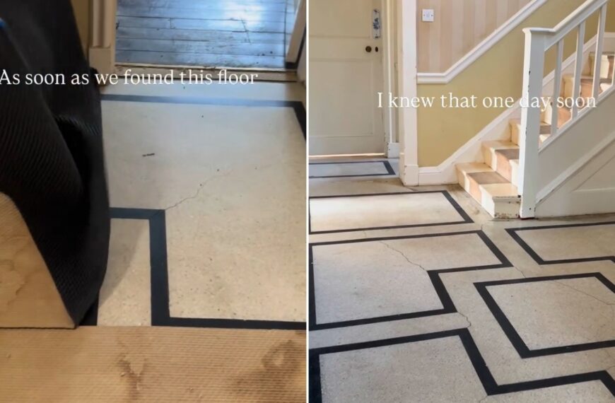 Carpet being peeled back to reveal a geometric original floor, next to the fully uncovered hallway floor, from the homeowner's own Instagram reel