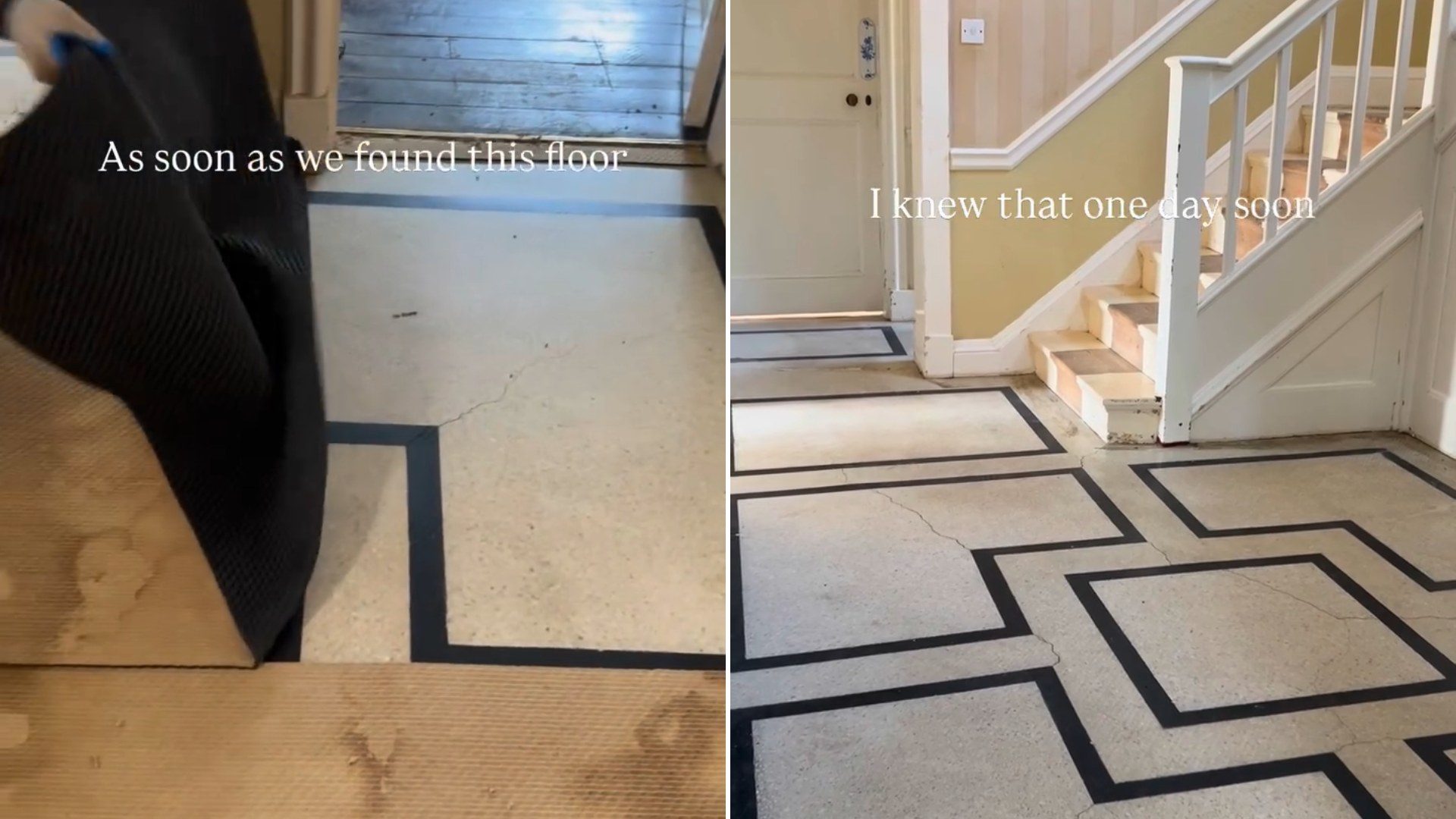Carpet being peeled back to reveal a geometric original floor, next to the fully uncovered hallway floor, from the homeowner's own Instagram reel