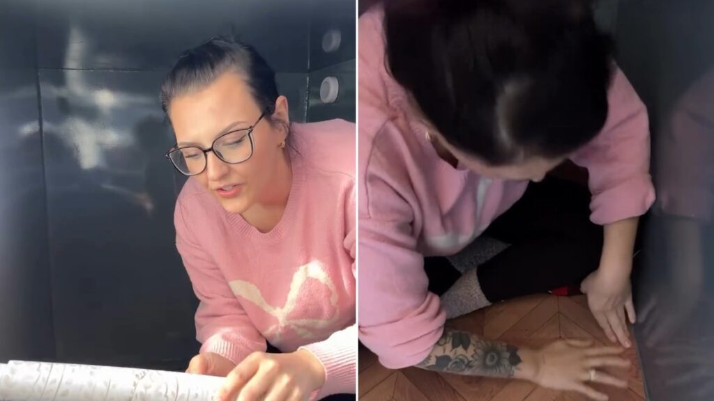 A woman working inside a steel backyard bunker, next to her laying herringbone flooring in it, from her own Instagram reel