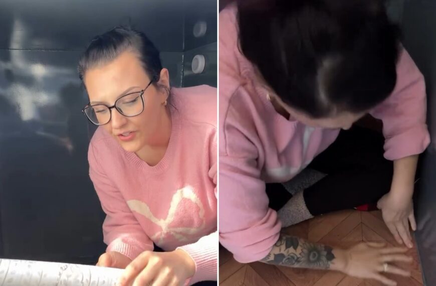 A woman working inside a steel backyard bunker, next to her laying herringbone flooring in it, from her own Instagram reel