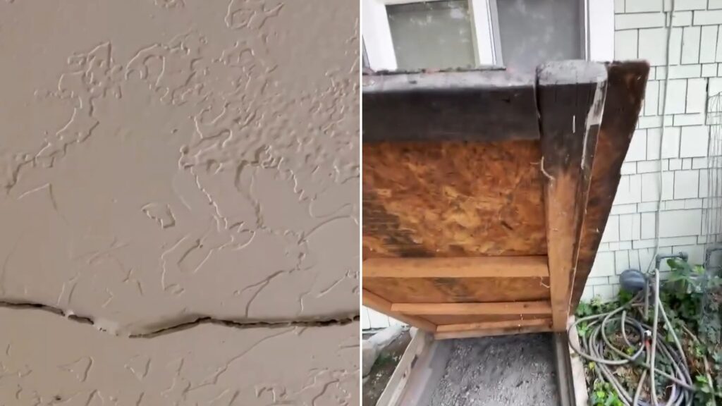 A cracked, patched foundation wall next to the basement hatch the inspector opened, from his own Instagram reel