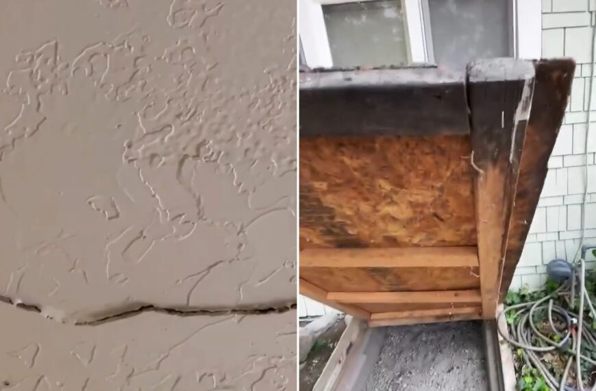 A cracked, patched foundation wall next to the basement hatch the inspector opened, from his own Instagram reel