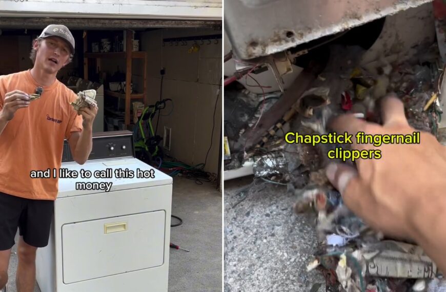 An appliance repairman holding cash beside a free dryer he picked up at the curb, next to the debris he found inside it, from his own Instagram reel