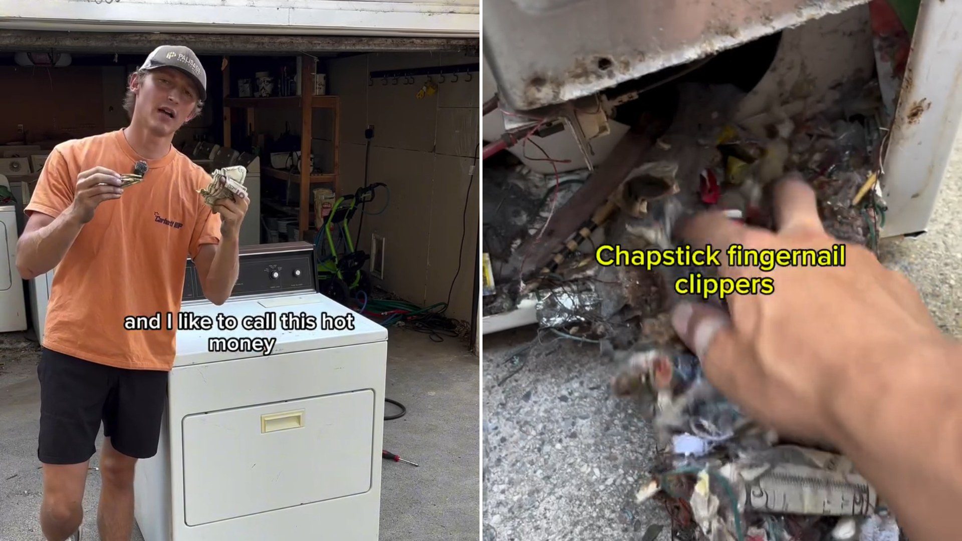 An appliance repairman holding cash beside a free dryer he picked up at the curb, next to the debris he found inside it, from his own Instagram reel