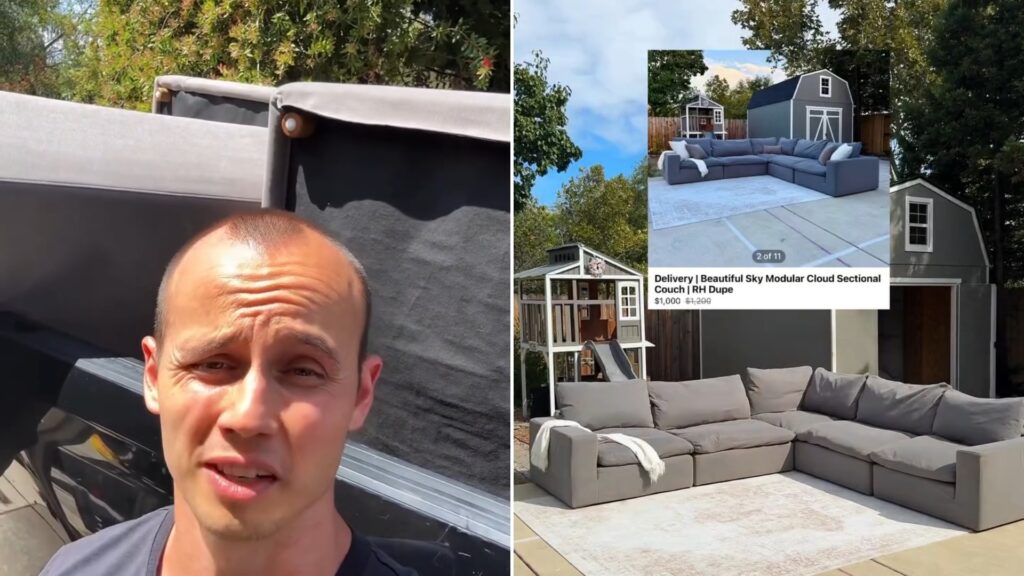A furniture flipper talking in front of a sofa, next to the staged gray modular sectional and its resale listing, from his own Instagram reel