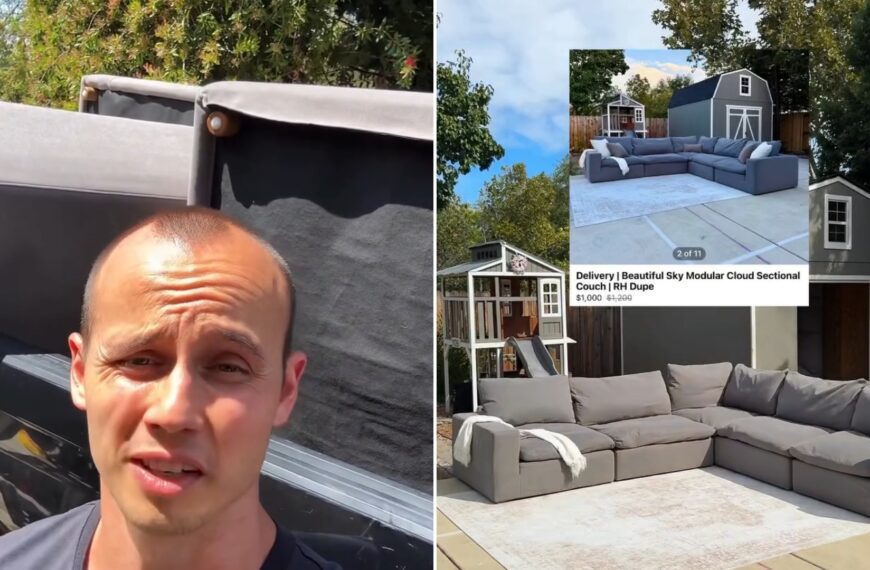 A furniture flipper talking in front of a sofa, next to the staged gray modular sectional and its resale listing, from his own Instagram reel