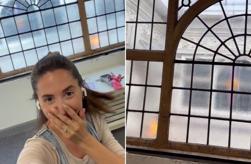 A woman reacting in front of a newly uncovered arched window, next to a close-up of the ornate window, from the creator's own Instagram reel