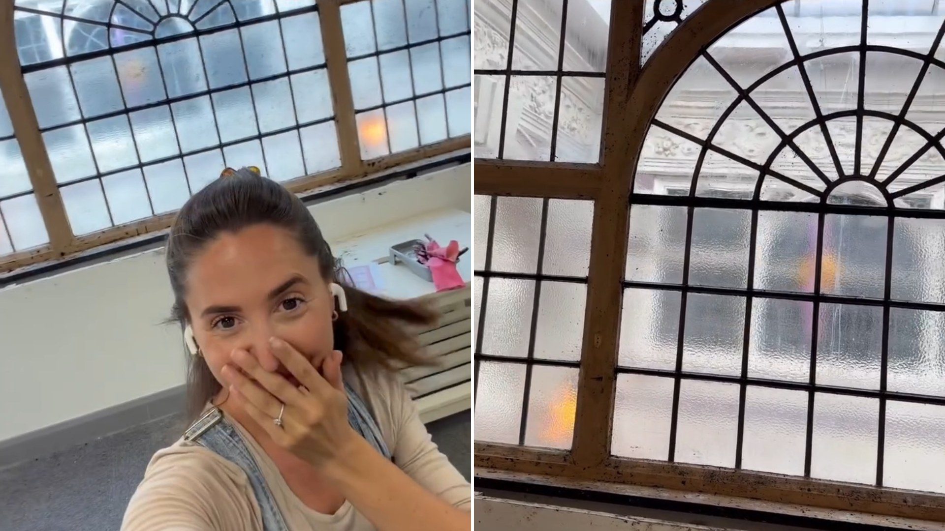 A woman reacting in front of a newly uncovered arched window, next to a close-up of the ornate window, from the creator's own Instagram reel