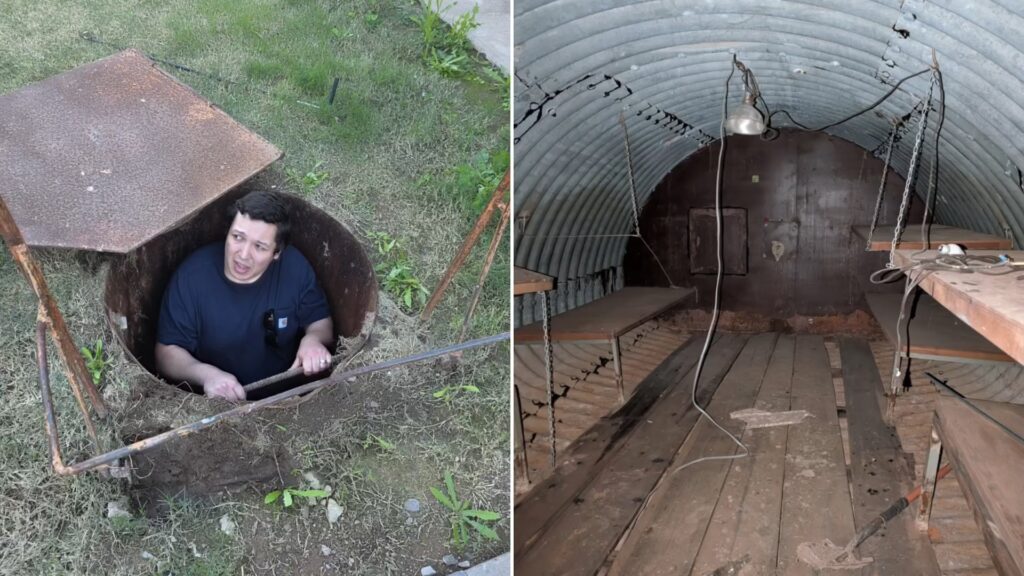 A real estate agent climbing out of a hidden backyard bunker hatch, next to the corrugated steel bunker interior, from his own Instagram reel