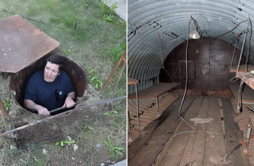 A real estate agent climbing out of a hidden backyard bunker hatch, next to the corrugated steel bunker interior, from his own Instagram reel