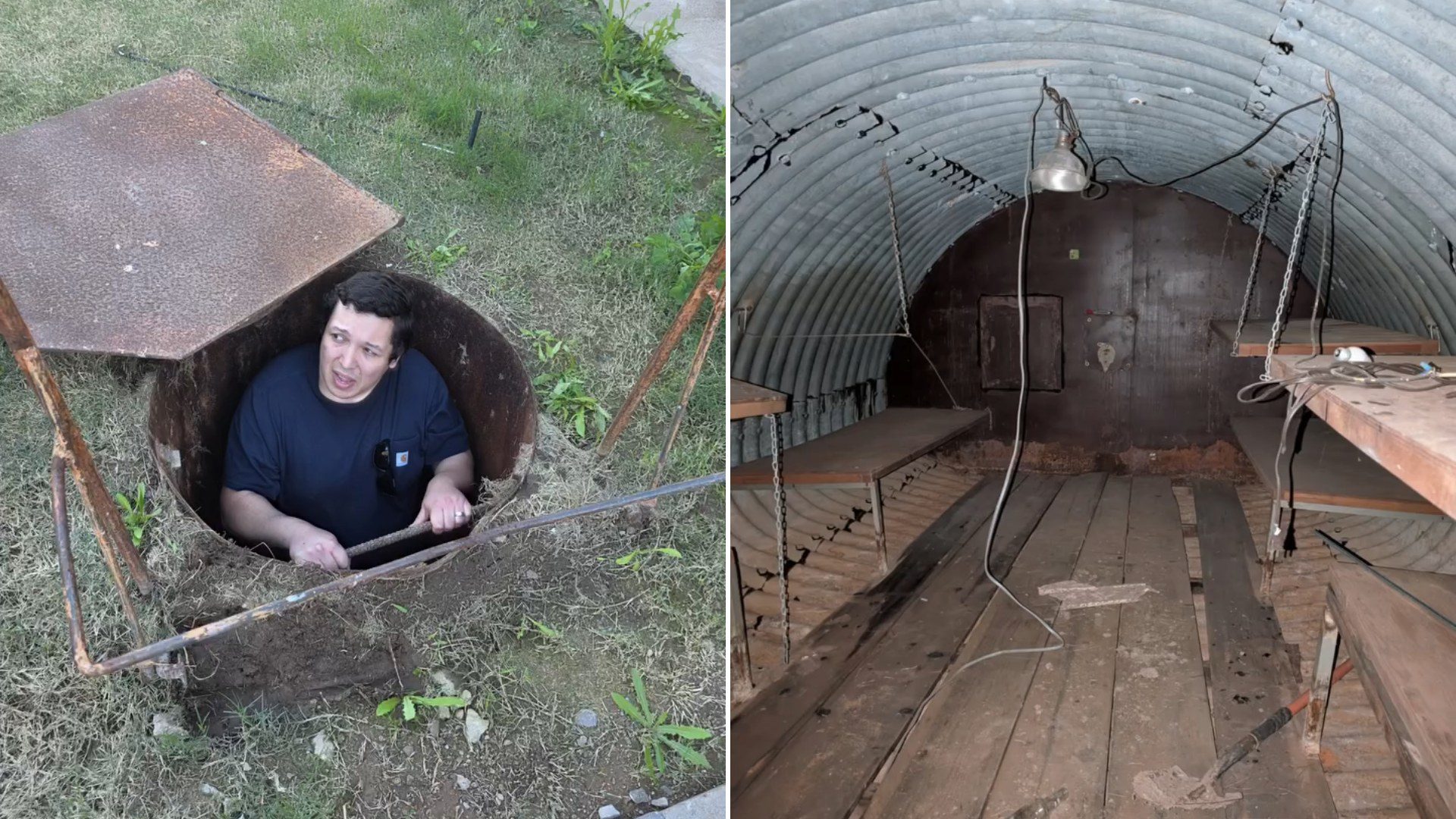A real estate agent climbing out of a hidden backyard bunker hatch, next to the corrugated steel bunker interior, from his own Instagram reel
