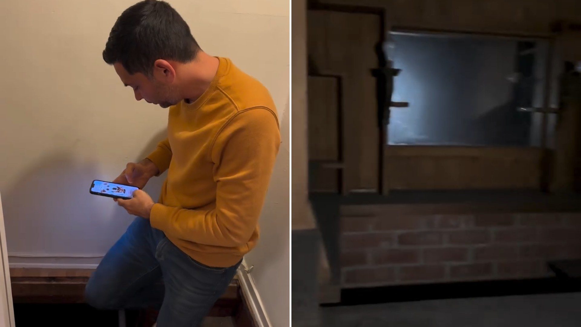 A man stepping down through a floor hatch, next to the brick-walled hidden speakeasy room beneath the house, from the creator's own Instagram reel