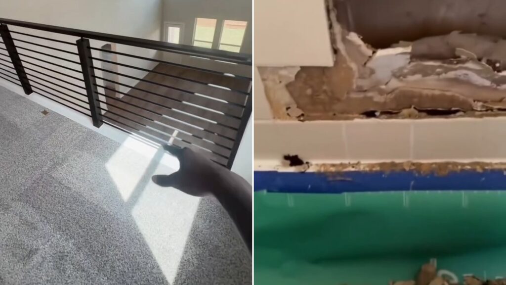 A home inspector pointing at a stair railing in a new construction home, next to exposed damage behind the wall, from his own Instagram reel