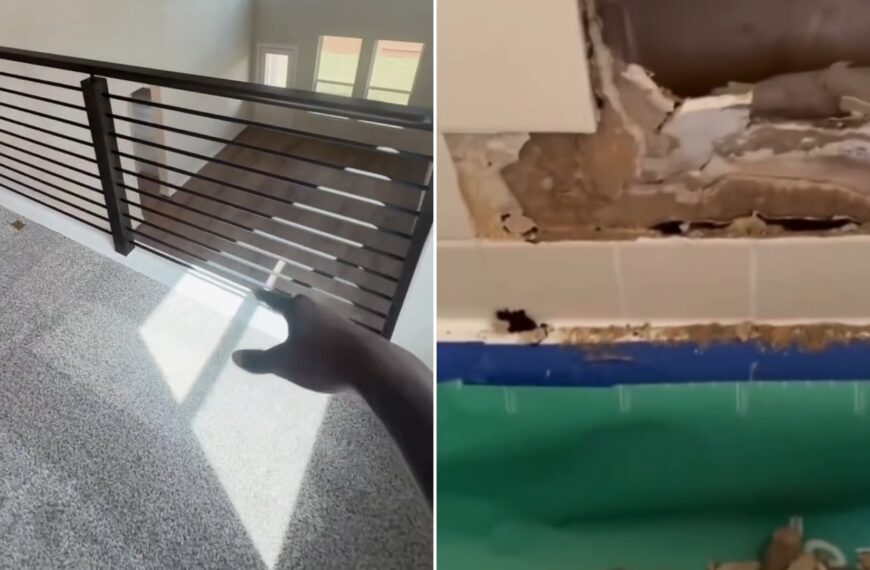 A home inspector pointing at a stair railing in a new construction home, next to exposed damage behind the wall, from his own Instagram reel