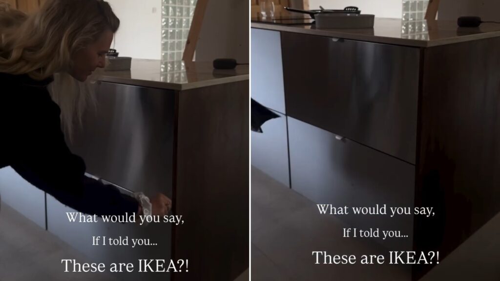 A homeowner opening a sleek dark kitchen cabinet, next to the cabinet with the caption These are IKEA, from her own Instagram reel