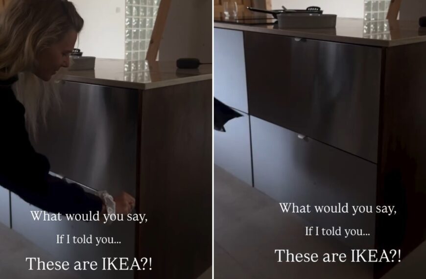 A homeowner opening a sleek dark kitchen cabinet, next to the cabinet with the caption These are IKEA, from her own Instagram reel
