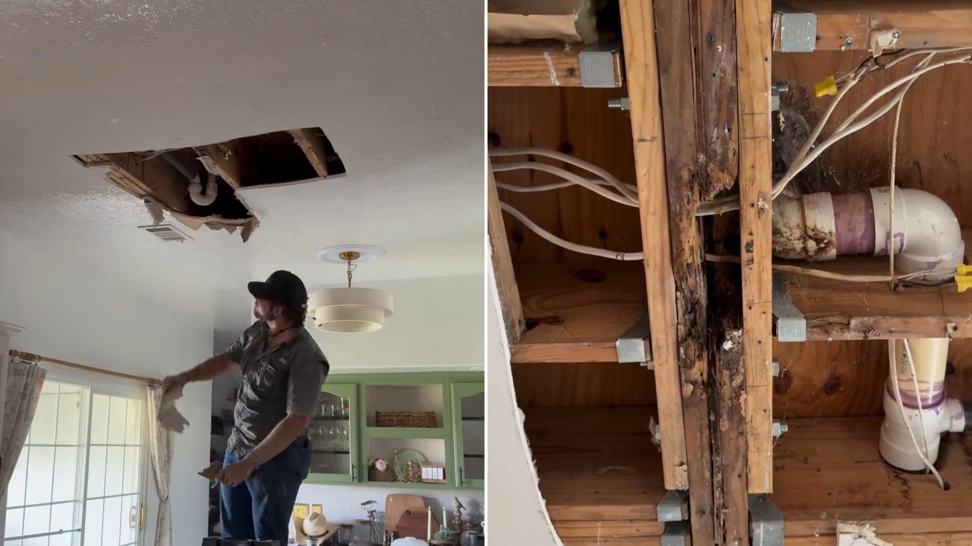 A man on a ladder pulling down a kitchen ceiling panel, next to the rotted joists and pipes exposed above it, from the creator's own Instagram reel