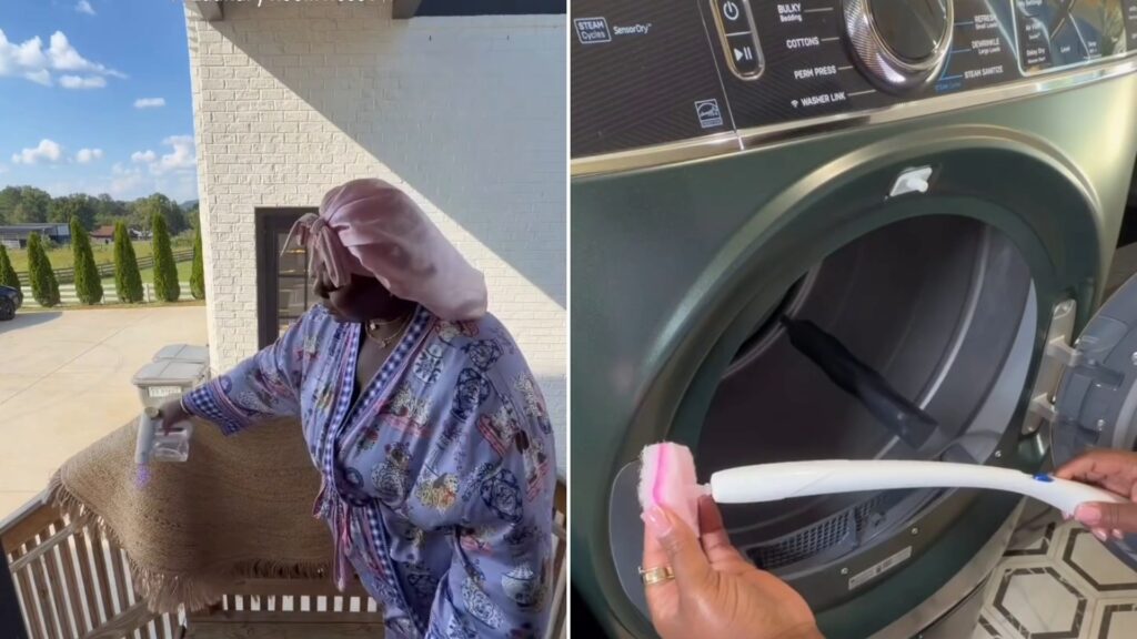 A home organizer carrying a basket outside her house, next to her scrubbing the seal of a front-load washer, from her own Instagram reel