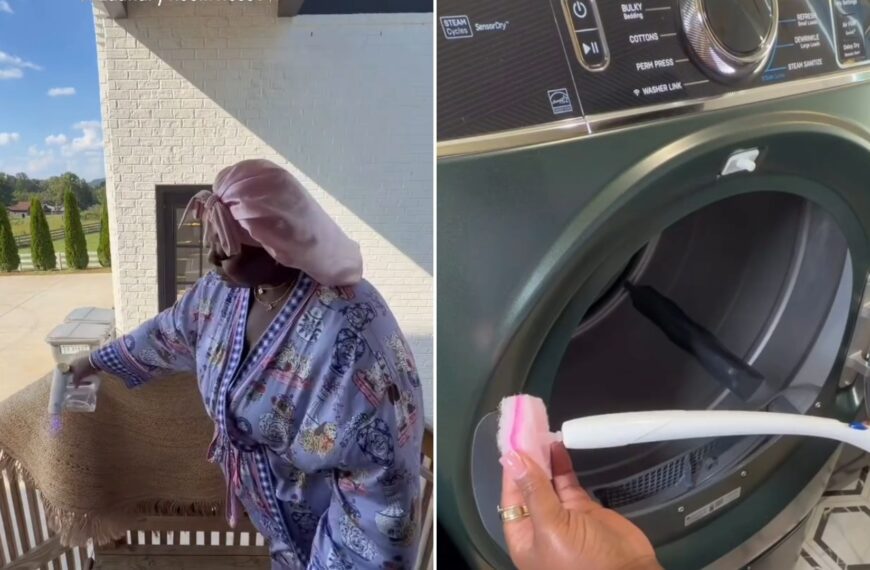A home organizer carrying a basket outside her house, next to her scrubbing the seal of a front-load washer, from her own Instagram reel