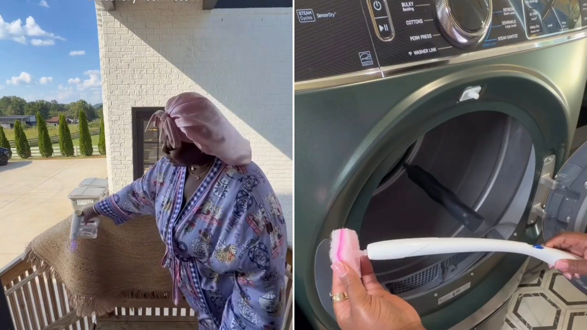 A home organizer carrying a basket outside her house, next to her scrubbing the seal of a front-load washer, from her own Instagram reel