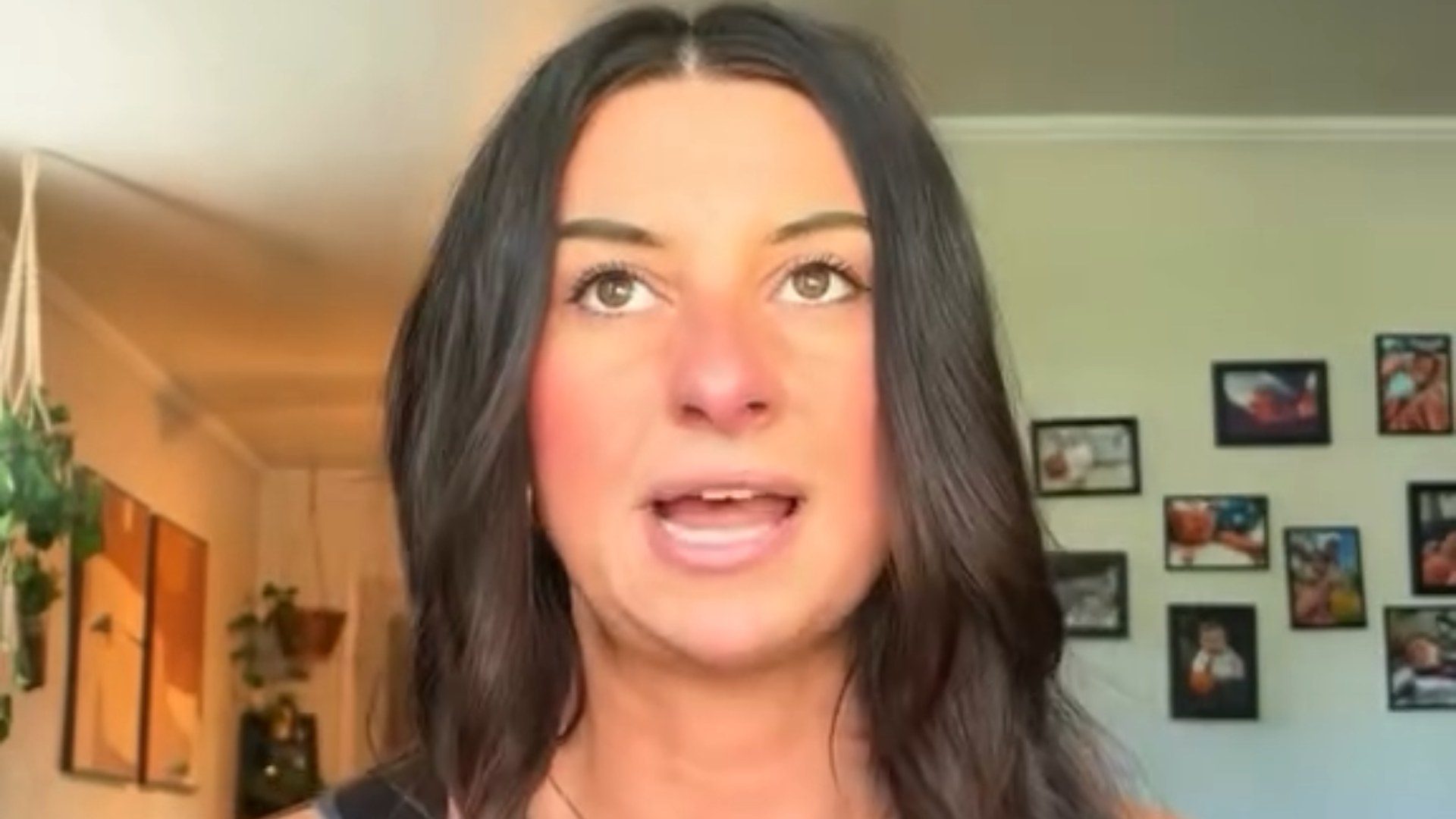 A mother speaking to the camera about the moment her infant found a stray pill on a hotel room floor, from her own Instagram reel
