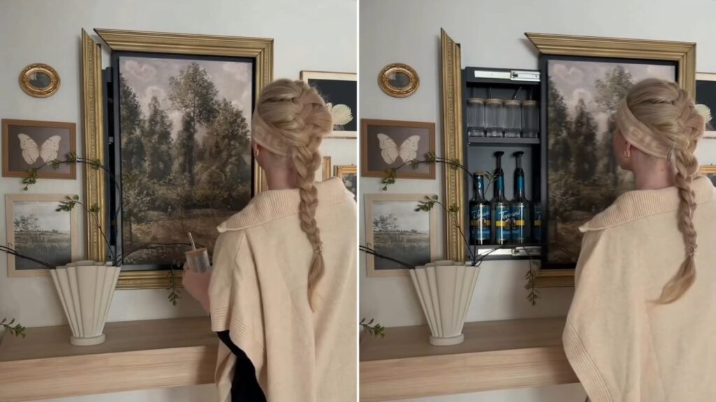 A woman standing at a framed landscape painting, next to the same painting swung open to reveal a hidden storage cabinet, from her own Instagram reel