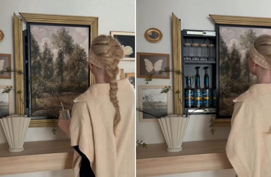 A woman standing at a framed landscape painting, next to the same painting swung open to reveal a hidden storage cabinet, from her own Instagram reel