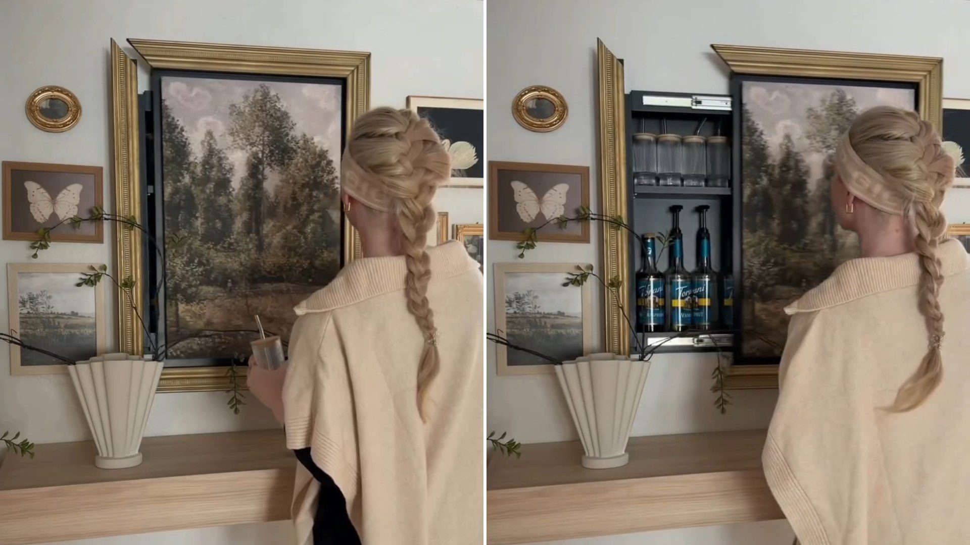 A woman standing at a framed landscape painting, next to the same painting swung open to reveal a hidden storage cabinet, from her own Instagram reel