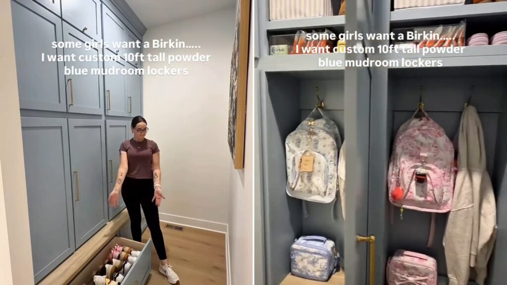 A homeowner standing beside her 10-foot-tall powder blue mudroom lockers, next to an open locker holding kids' backpacks, from her own Instagram reel