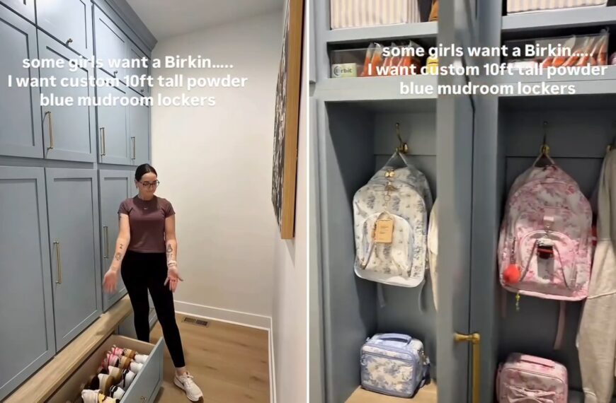 A homeowner standing beside her 10-foot-tall powder blue mudroom lockers, next to an open locker holding kids' backpacks, from her own Instagram reel